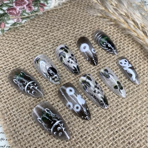 BABALAL Medium Almond Press-On Nails - Black Gothic Ghost Decvil Punk 24Pcs with Nail Glue - Variation BFNZ002