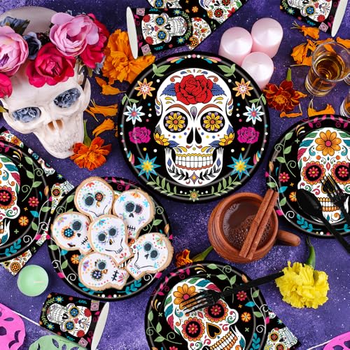140-Piece Day of the Dead Party Supplies Set for 20 Guests - Sugar Skull Plates Napkins Cups Cutlery
