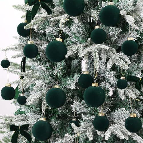 Green Velvet Christmas Ornaments Set 38Pcs Flocked Shatterproof Holiday Decorations