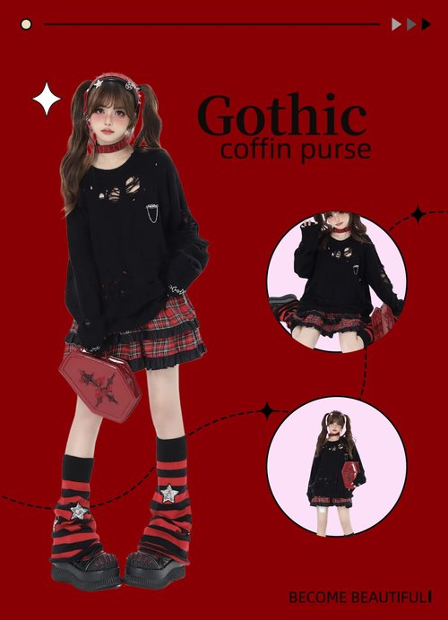 RRISETAG Goth Makeup Bag PU Leather Coffin Bag Halloween Purses Goth Purse Coffin spooky purses for women red y2k purse
