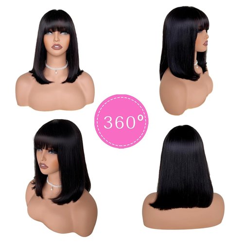 Tryfey Bob Wig Human Hair Glueless Bob Wig with Bangs Human Hair Straight 3x1 Transparent Lace Closure Bob Wigs for Black Women Natural Black 12 Inch