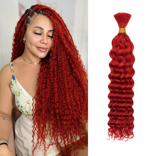18 Inch Deep Wave Human Braiding Hair for Boho Braids – 50g 1 Bundles/Pack Red 100% Unprocessed 12A Brazilian Virgin Human Hair Bulk, No Weft, Wet & Wavy Curly Extensions