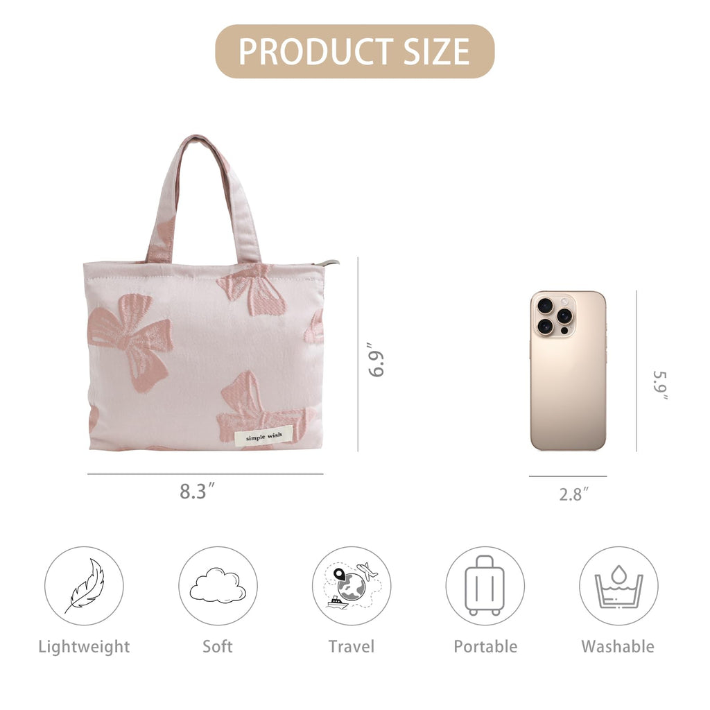 Wudygirl Bow Makeup Bag Travel Cosmetic Bag for Women Small Makeup Pouch with Handle Zipper Cosmetic Pouch Handbag Aesthetic (Pink Bow)