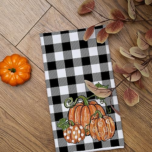 Brown Pumpkin Fall Kitchen Towels Set of 2 - Black Buffalo Plaid