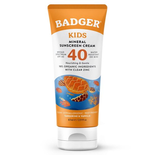 Badger Kids Mineral Sunscreen Cream SPF 40 - 98% Organic Zinc Oxide Formula | Water Resistant & Reef Friendly, 2.9 fl oz