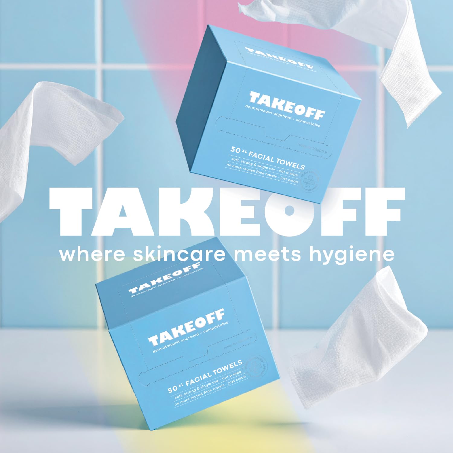 Takeoff | XL Disposable Face Towels - Ultra Soft Makeup Remover Wipes, 50 Count x 3 Pack (150 Total)