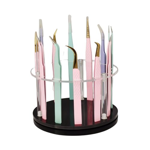 LIXIMMAZN 12 Holes Acrylic Rotatable Tweezers Holder, Eyelash Makeup Grafting Tweezer Display Stand Extensions Organizer Training Rack Beauty Tools (Black)