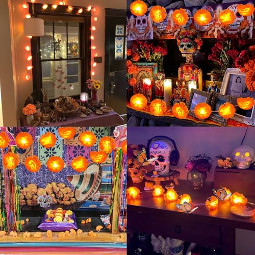 Day of The Dead Decorations Set with Marigold Garland Lights and Artificial Flowers