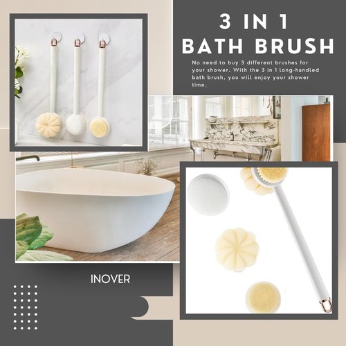 INOVER 3-in-1 Long Handle Bath Brush Set – Back Scrubber, Shower Brush & Loofah Sponge, Exfoliating Body Brush with Non-Slip Handle for Wet or Dry Use