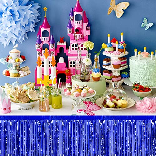 Blue Metallic Foil Fringe Table Skirts 29x108 Inches for Party Decorations - 6 Pack