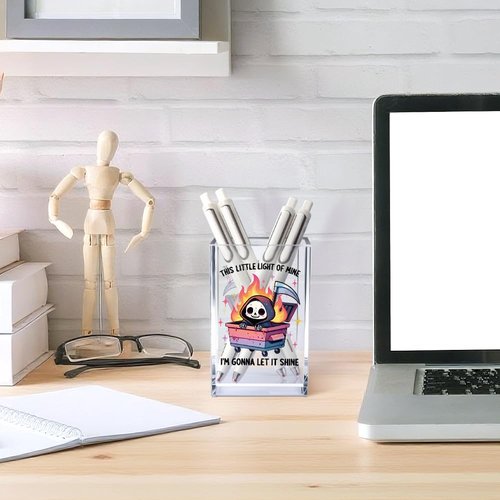 Vgrti This Little Light Of Mine I'm Gonna Let It Shine Acrylic Cosmetic Pencil Pen Holder Cup, Dumpster Fire Pen Holder Cup, Cute Grim Reaper Gifts, Mental Health Gifts for Women Men Colleague Teacher