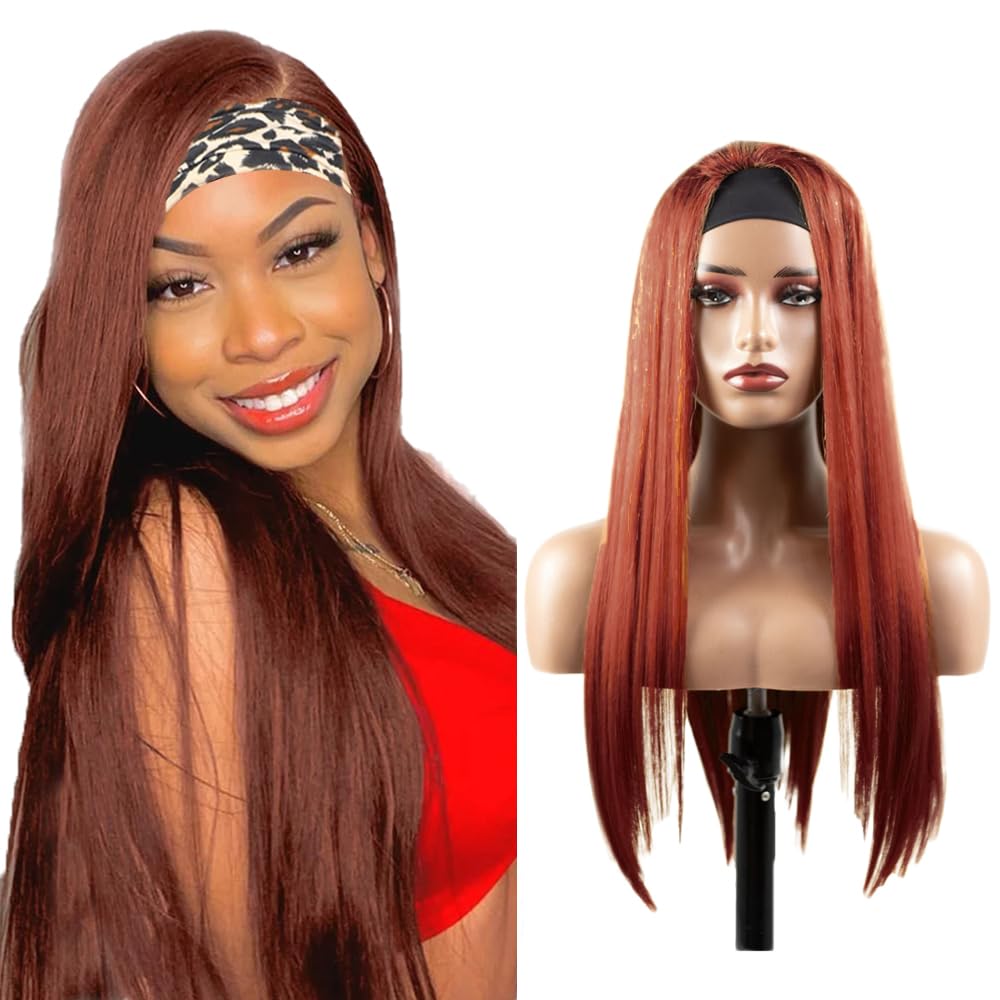 YiweYowe 22 Inch #33 Reddish Brown Headband Wig Human Hair 150% Density Grade 8A Unprocessed Brazilian Virgin Hairs Machine Made Auburn Brown Straight Headband Wig Human Hair None Lace Front Wig