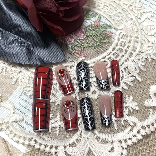 BABALAL Gothic Press on Nails Set - Black & Red Spider Web Halloween Variation BNO311