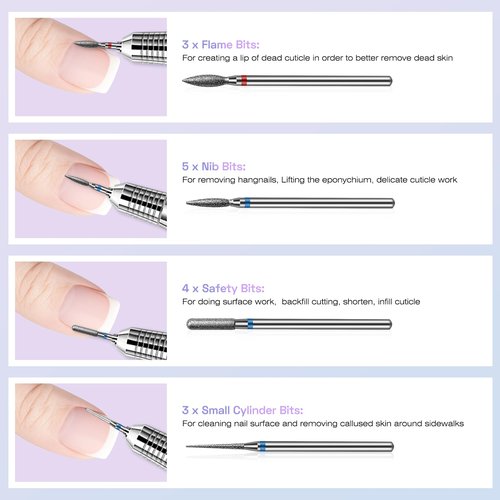 30PCS Cuticle Nail Drill Bits Set: 3/32'' Nail Bits for Acrylic Gel Nail Prep Contain Flame/Ball/Needle/Safety Shape Heads, Remover Tools Efile Bits for Salon Home Manicure Pedicure Nail Tech
