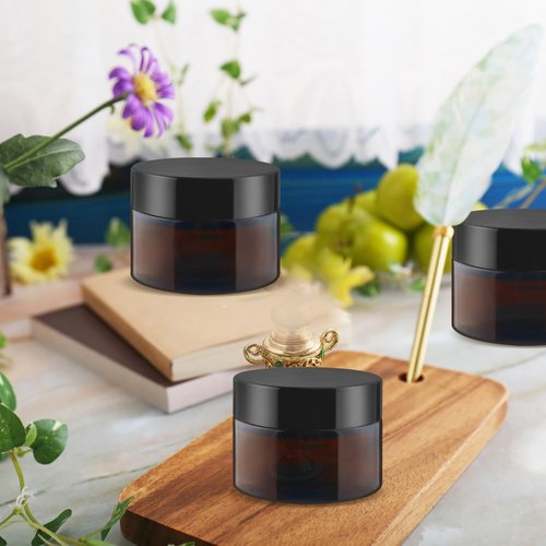 24 Pcs Amber Glass Jars Round Small Glass Jars Empty Refillable Cosmetic Containers with Inner Liners & Black Lids for Make Up Sample Powder Cream Lotion Spice - 30g/1oz