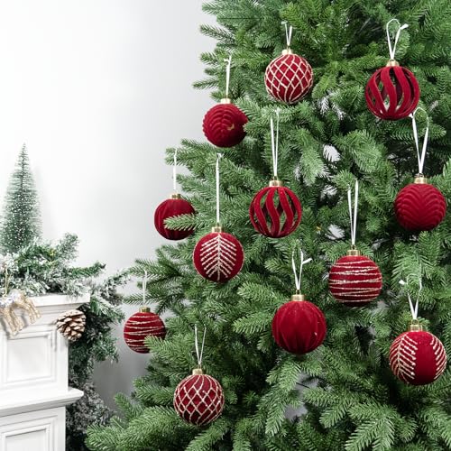Velvet Christmas Tree Ornaments Bulk Set - Burgundy Flocked Balls, 12 Pieces
