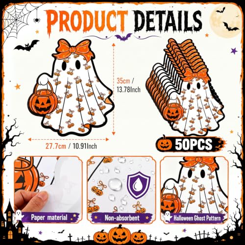 Halloween Ghost Paper Placemat Set - 50 Disposable Orange Pumpkin Table Mats with Bow - Ghost Theme Party Decor