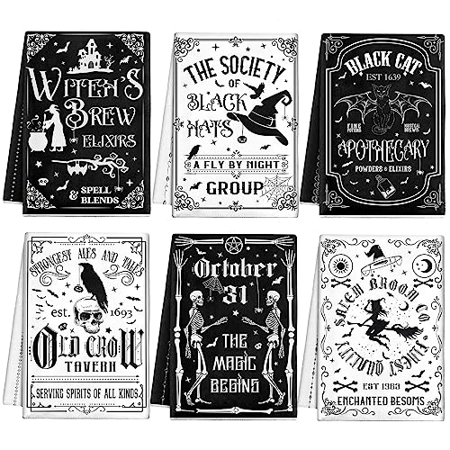 Halloween Kitchen Towels Set - Gothic Skull Witch Tarot Art, Traditional Style, 6 Pack