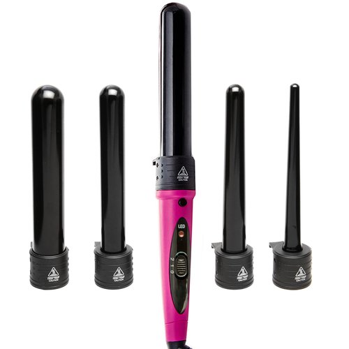 Marquee Beauty Professional Salon 8 Piece Flat And Curling Iron Set, 5 Interchangeable Ceramic Tourmaline Barrels, Heat Protectant Glove (Pink)