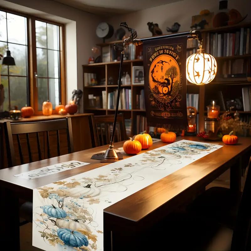 Halloween Pumpkin Linen Table Runner - Fall Harvest Decor 13x90 Inch - Style 06