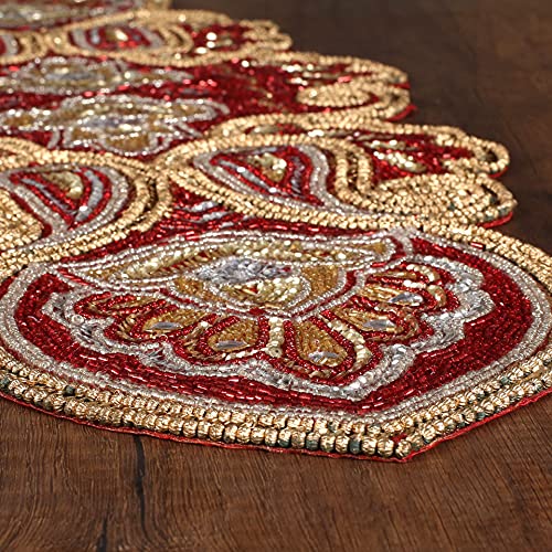 Handmade Beaded Table Runner 13x36 Inches Teal Gold Silver - Paisley Design, Charcoal Silver Gold Variation