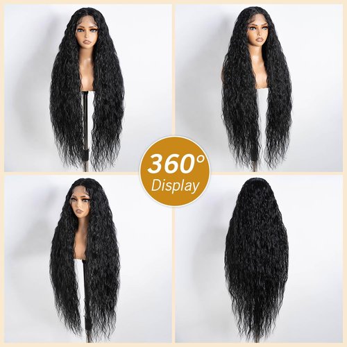 Joedir Hair Super Long Wigs for Women 36 inch Lace Front Wig 5 Inch Middle Parting Synthetic Hair Bohemian Waves (RC1B)