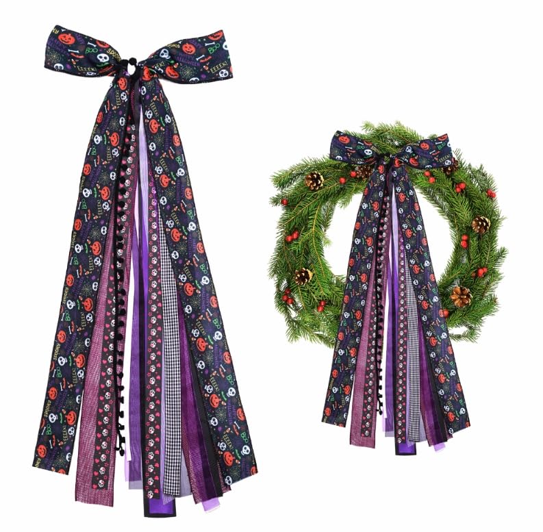 Halloween Skull & Pumpkin Large Wreath Bow - Web Pattern, Multi-Ribbon, Indoor Outdoor Decor - Variation of THIS listing