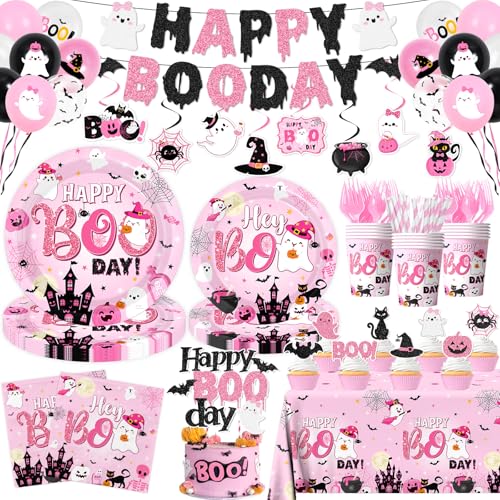Pink Halloween Birthday Decorations Set - Ghost Party Supplies for 24 Guests