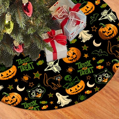 Halloween Tree Skirt 36 Inch Black Ghost Pumpkin Skull Cats Xmas Decor Festive Tree Mat