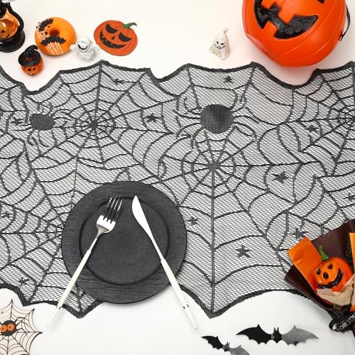 2 PCS Halloween Table Runner with Black Lace Spider Web - 72 Inch, Spooky Holiday Decor