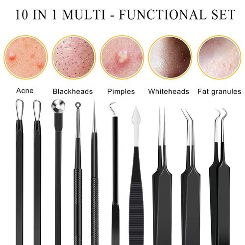 BXUYAOXMC 10Pcs Stainless Steel Pimple Popper Tool Kit, Blackhead Remover Tools Comedone Extractor Set, Acne Needle Tweezers for Facial Nose Care, with Metal Travel Case