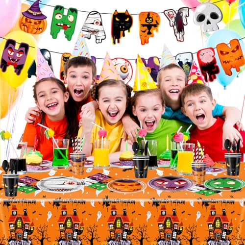 Halloween Party Supplies Set - Monster, Pumpkin & Vampire Theme - Disposable Tableware & Decorations