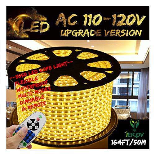 164 ft Waterproof Warm White LED Strip Light with Remote - AC 110-120V, Multi-Mode Dimmable Rope Light for Indoor Outdoor Decoration