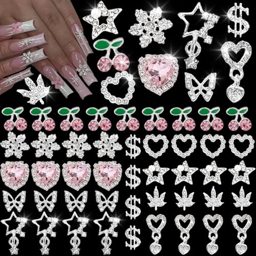Silver-Pink Nail Charms Set - 55 Pieces Y2K Glitter Nail Art Accessories