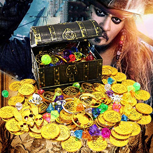 Kids Pirate Treasure Chest Toy Box Antique Color with Lock - Party Favors & Storage