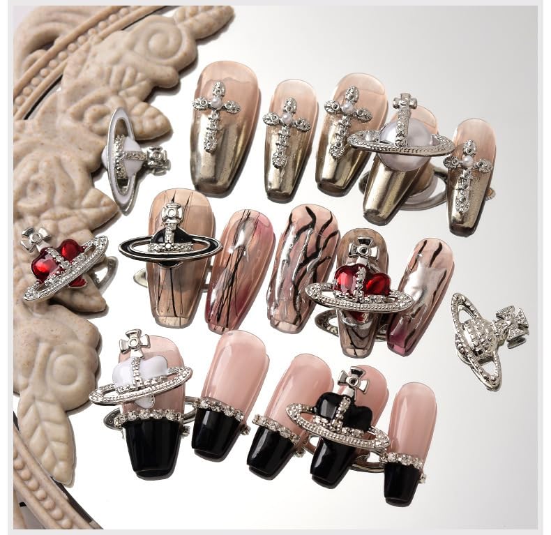 30 Pcs Heart & Planet Nail Charms Set - Rhinestones, 3D Cross & Saturn Design