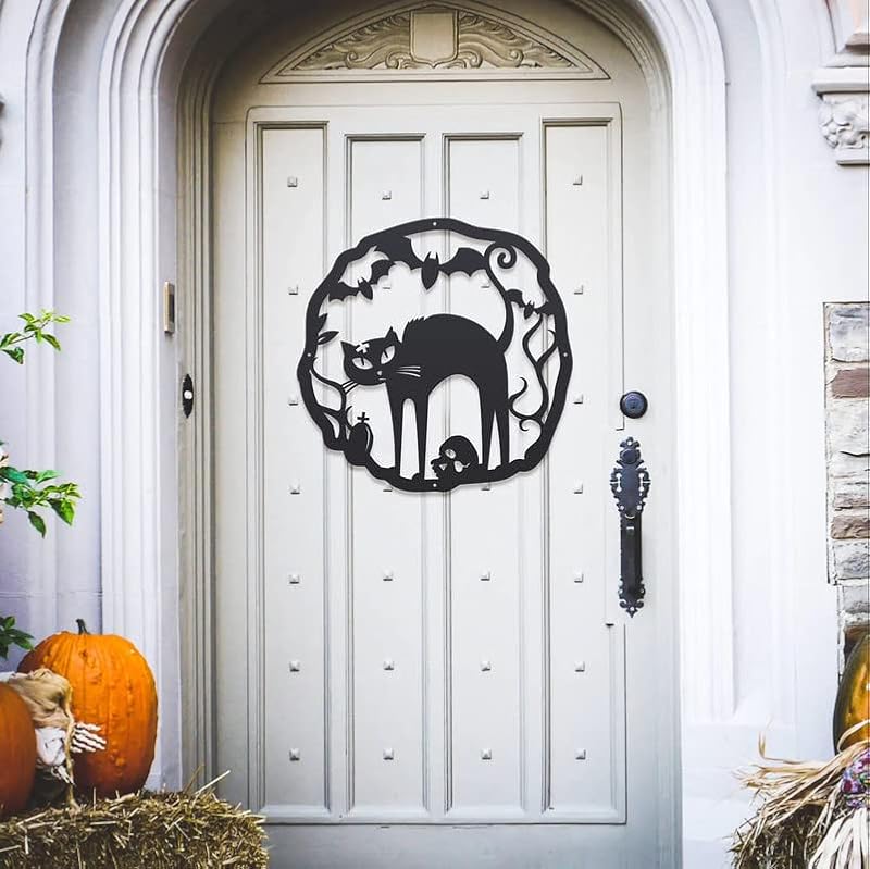 Halloween Cat Wreath Metal Door Sign - Black & Orange Fall Front Door Decor - 22 Inch - Reversible, Weather-Resistant, Handmade Halloween Wall Art - Made in USA