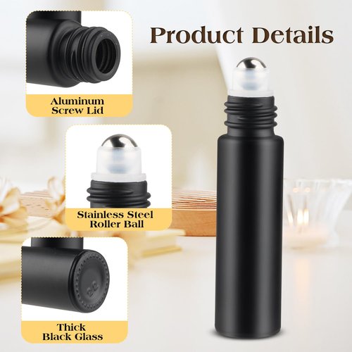 Mirrline 20 Pcs 10ml Roller Bottles Black Frosted Glass Bottle with Stainless Steel Roller Balls & Aluminum Screw Cap for Perfume Essential Oil Lip Gloss, 1 X Opener, 2 X Pipette Droppers
