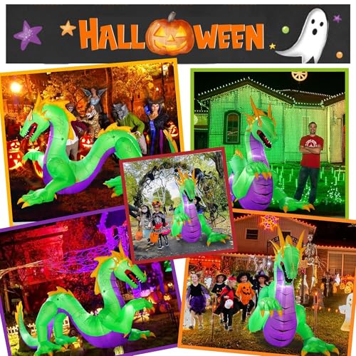 Giant Green Halloween Inflatable Dragon - 11ft Outdoor Yard Decorations with LED Lights