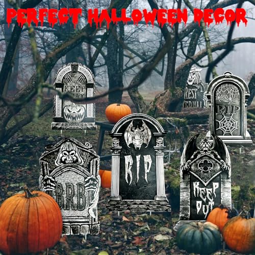 23.62in Halloween Tombstones Set of 5 | Large Plastic Graveyard Decorations for Yard Outside - Assembly Required
