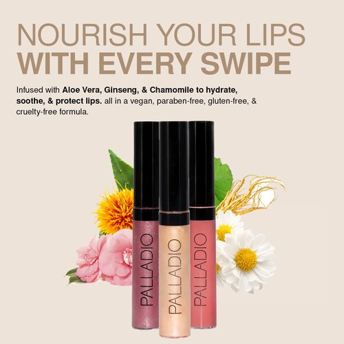 Palladio Lip Gloss - Non-Sticky Formula with Vitamin E & Aloe for Intense Color | Sheer Bronze Finish