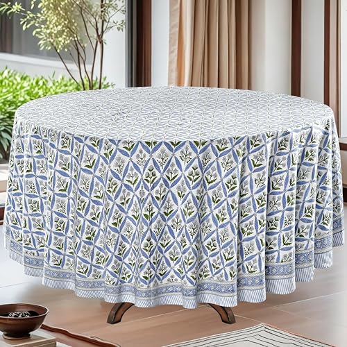 Ridhi Hand Block Print Cotton Round Tablecloth 90 Inch - Light Steel Blue
