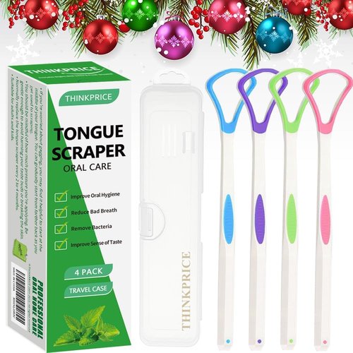Skiennix Tongue Scraper - 100% BPA Free Oral Care Tool with Travel Case | 4 Pack for Adults & Kids