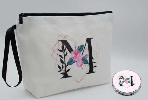 Personalized Initial M floral Travel Makeup Cosmetic Bag set with Mirror for women girls,Bride Bridesmaid White Ietter Makeup Bag organizer kit for Travel & Daily Use,Initial Gifts for Girls Friends