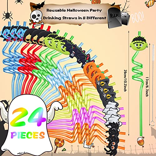 Halloween Reusable Plastic Drinking Straws Set with Removable Decorations - 24 Pieces