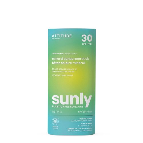 ATTITUDE Mineral Sunscreen Stick - SPF 30, EWG Verified, Plastic-Free, Broad Spectrum UVA/UVB Protection | 2.1 Ounces