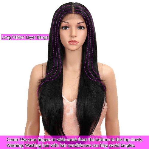 Style Icon Easy-360 Lace Wigs 28" Free Part Lace Frontal Wigs Long Straight Wig Black Synthetic Wig(28", 1B)