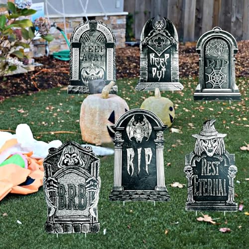 23.62in Halloween Tombstones Set of 5 | Large Plastic Graveyard Decorations for Yard Outside - Assembly Required