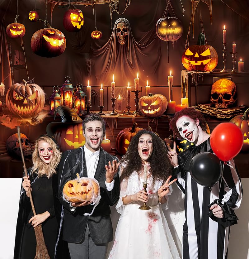 Halloween Horror Skeleton Pumpkin Lantern Backdrop - 7x5FT Spooky Party Banner