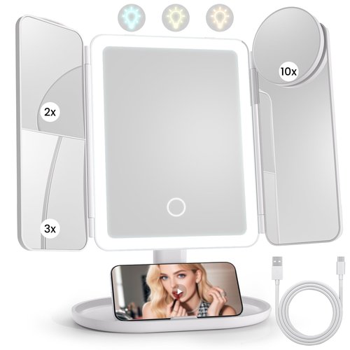 Lupow Makeup Mirror Vanity Mirror with 3 Lighting and Adjustable Brightness,Detachable Height-Adjustable Dresser Mount,2X,3X,10X Magnification,Suitable for Bathrooms,Vanity,Ideal Gifts for Women
